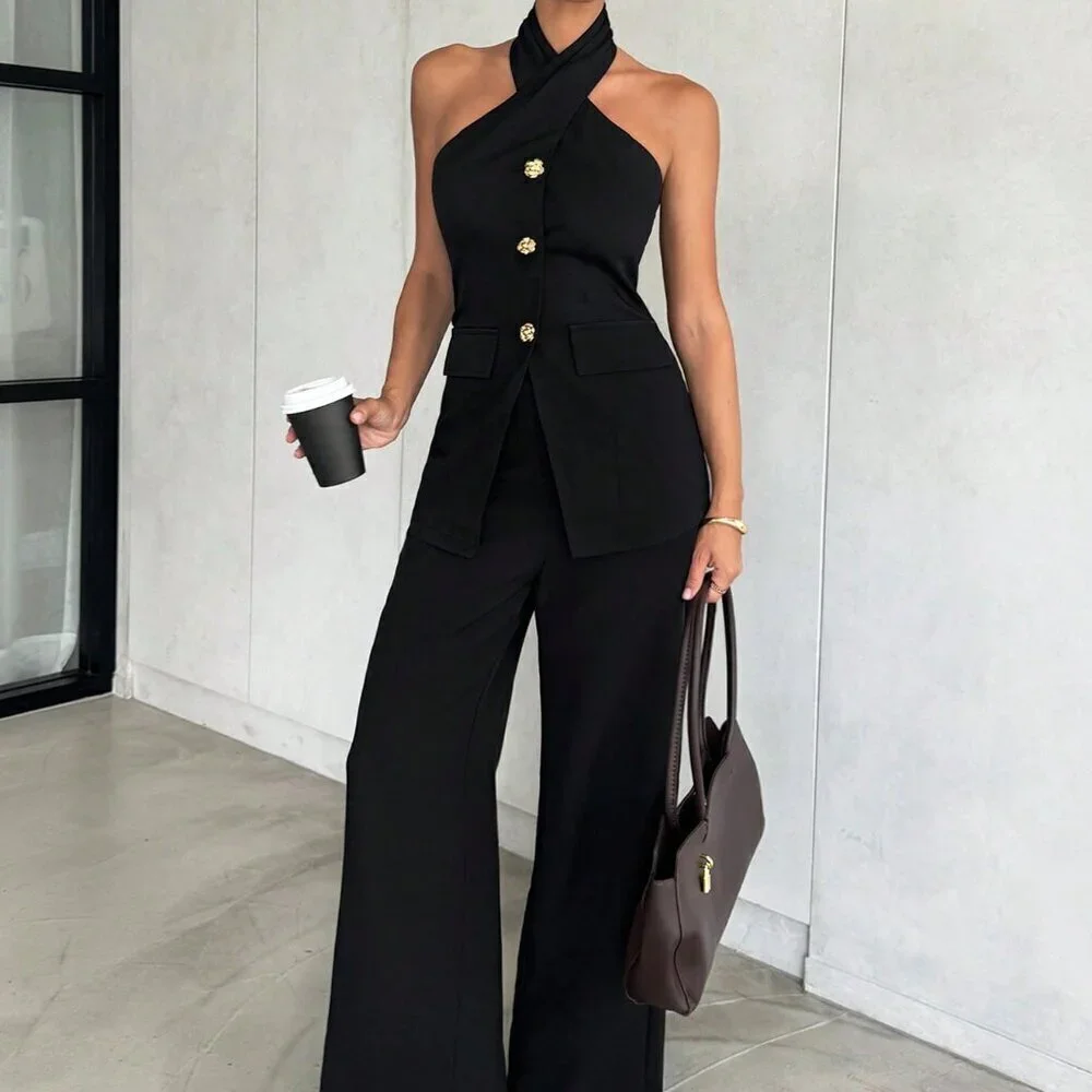 Black Casual Chic Women's Two Piece Top and Pants Office Set